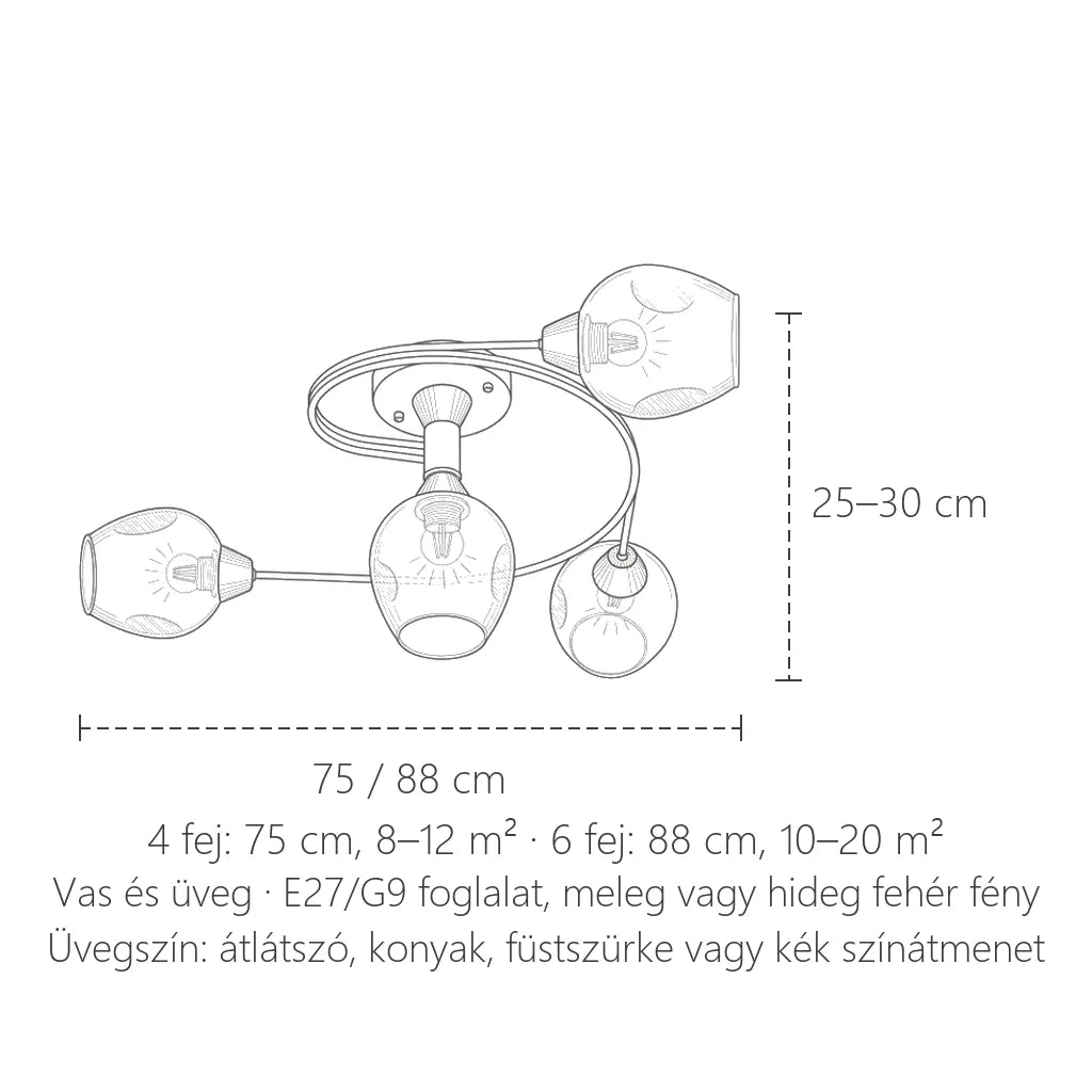 Spirál lámpa méretei: 75 / 88 cm, 25–30 cm magas
