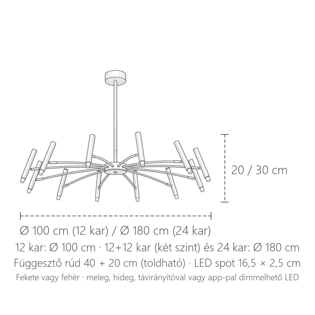 Sugaras LED csillár méretei: Ø 100 / 180 cm