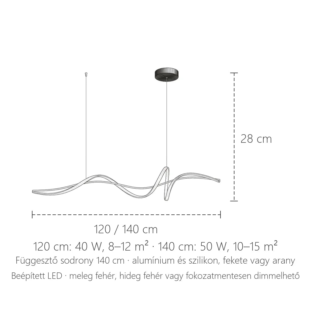 Szalag LED lámpa méretei: 120 / 140 cm, 28 cm magas