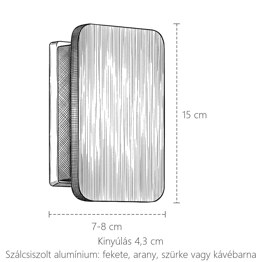 Szálcsiszolt alumínium lap fali lámpa méretei: 15 × 7–8 cm, kinyúlás 4,3 cm