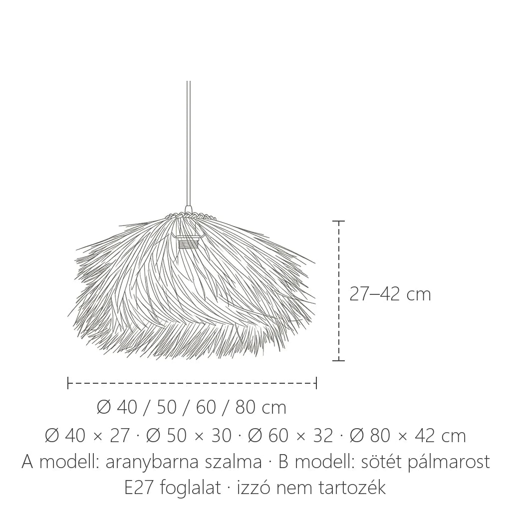 Szalma függőlámpa méretei: Ø 40–80 cm