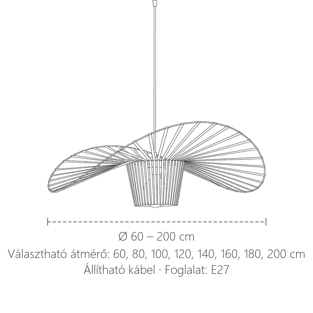 Szalmakalap függesztő lámpa méretei: Ø 60–200 cm