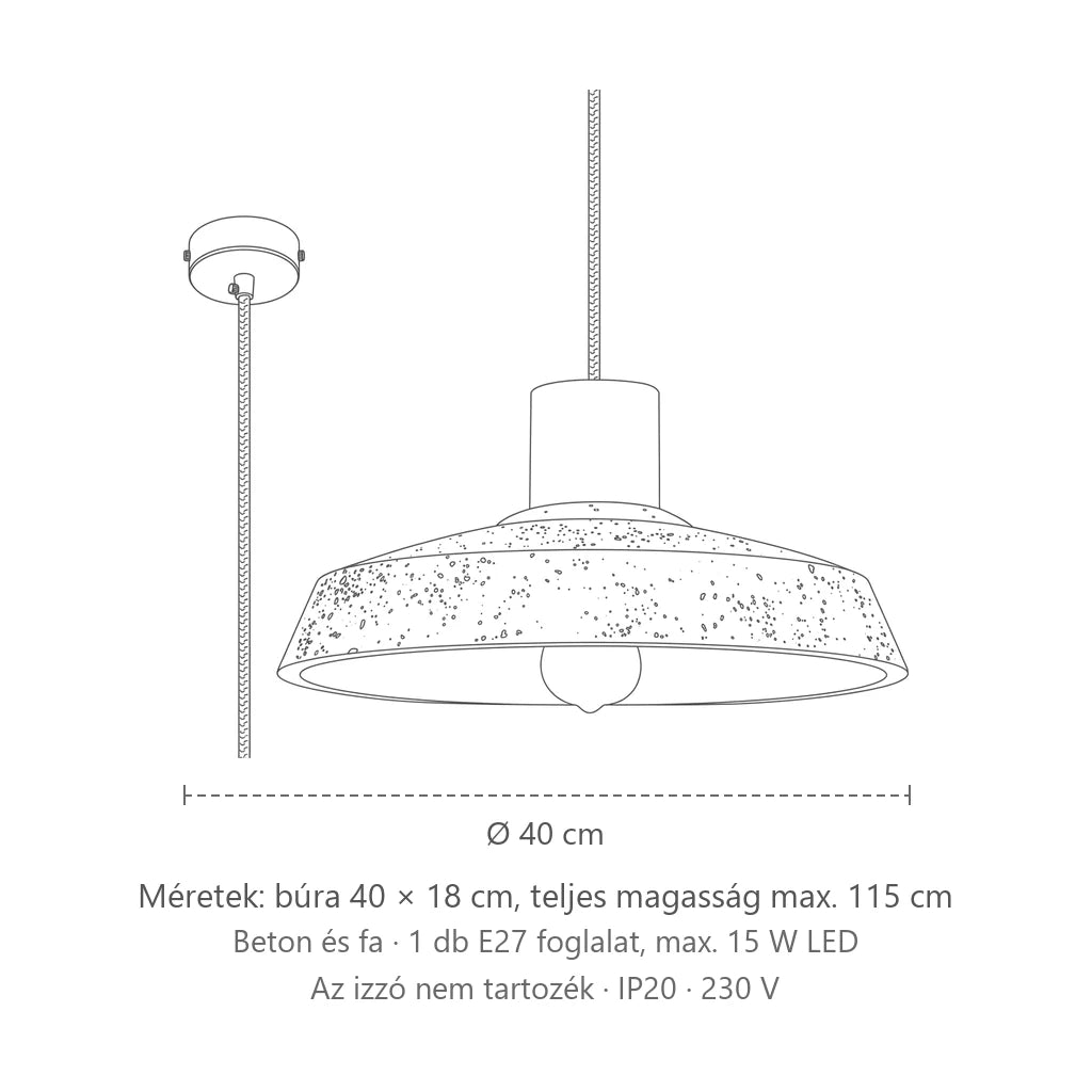 Széles beton és fa függőlámpa méretei: búra 40 × 18 cm, teljes magasság max. 115 cm