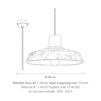 Széles beton és fa függőlámpa méretei: búra 40 × 18 cm, teljes magasság max. 115 cm