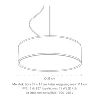 Széles henger búrás függőlámpa méretei (Ø 35 cm): búra 35 × 11 cm, teljes magasság max. 111 cm