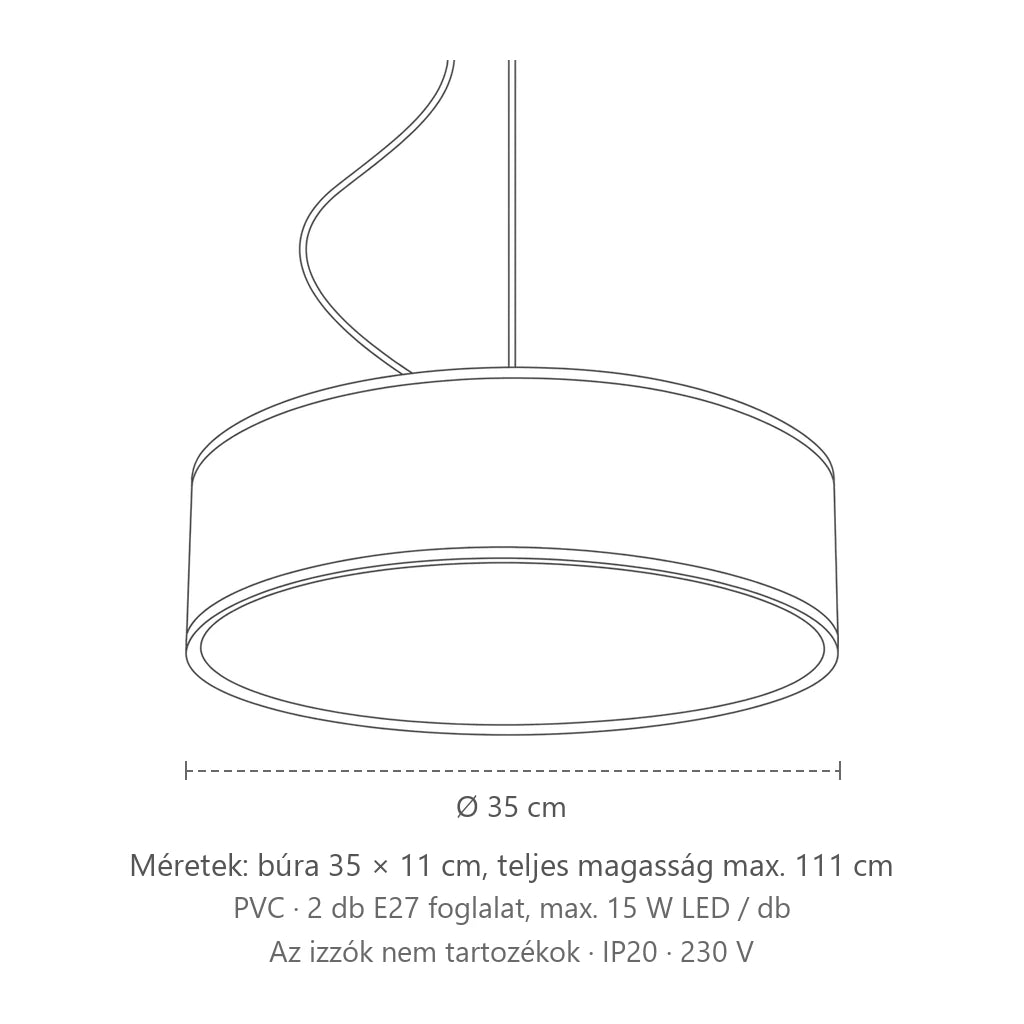 Széles henger búrás függőlámpa méretei (Ø 35 cm): búra 35 × 11 cm, teljes magasság max. 111 cm