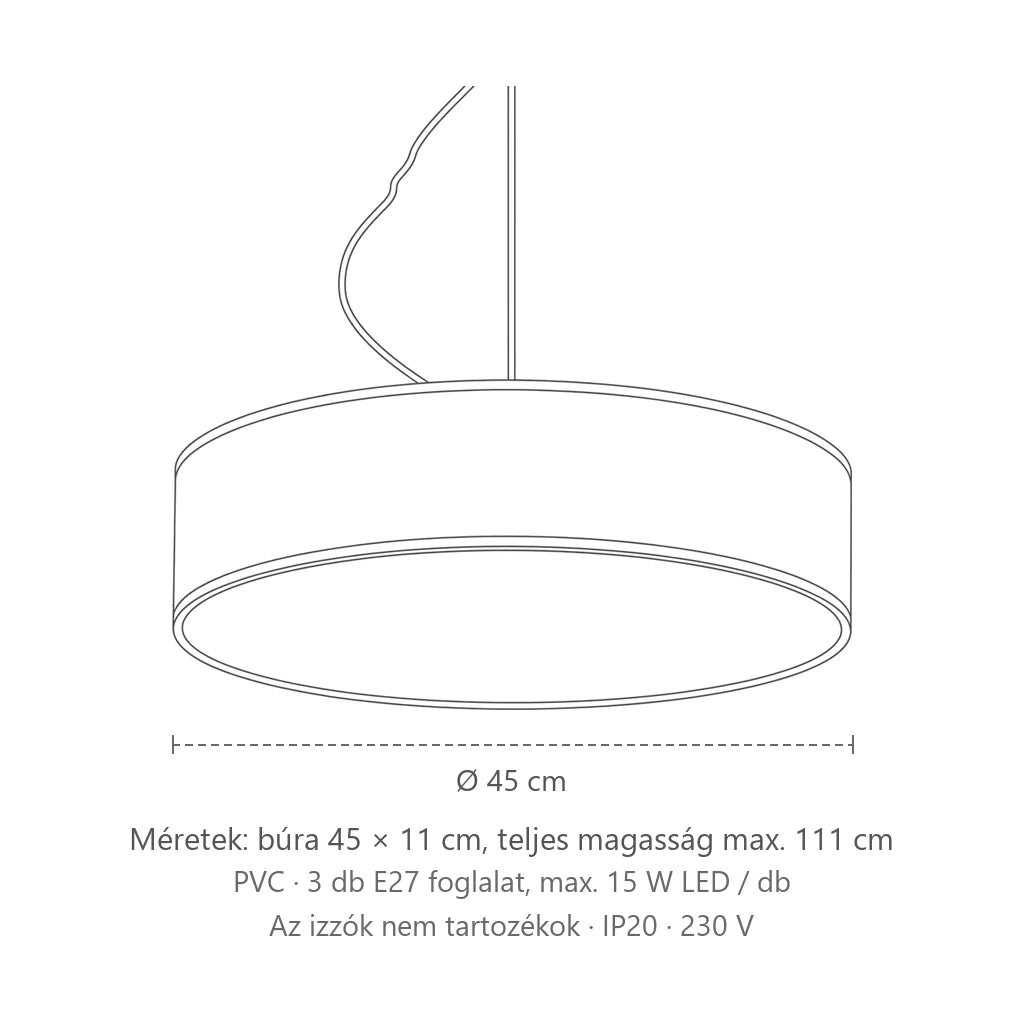 Széles henger búrás függőlámpa méretei (Ø 45 cm): búra 45 × 11 cm, teljes magasság max. 111 cm