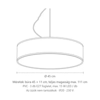 Széles henger búrás függőlámpa méretei (Ø 45 cm): búra 45 × 11 cm, teljes magasság max. 111 cm