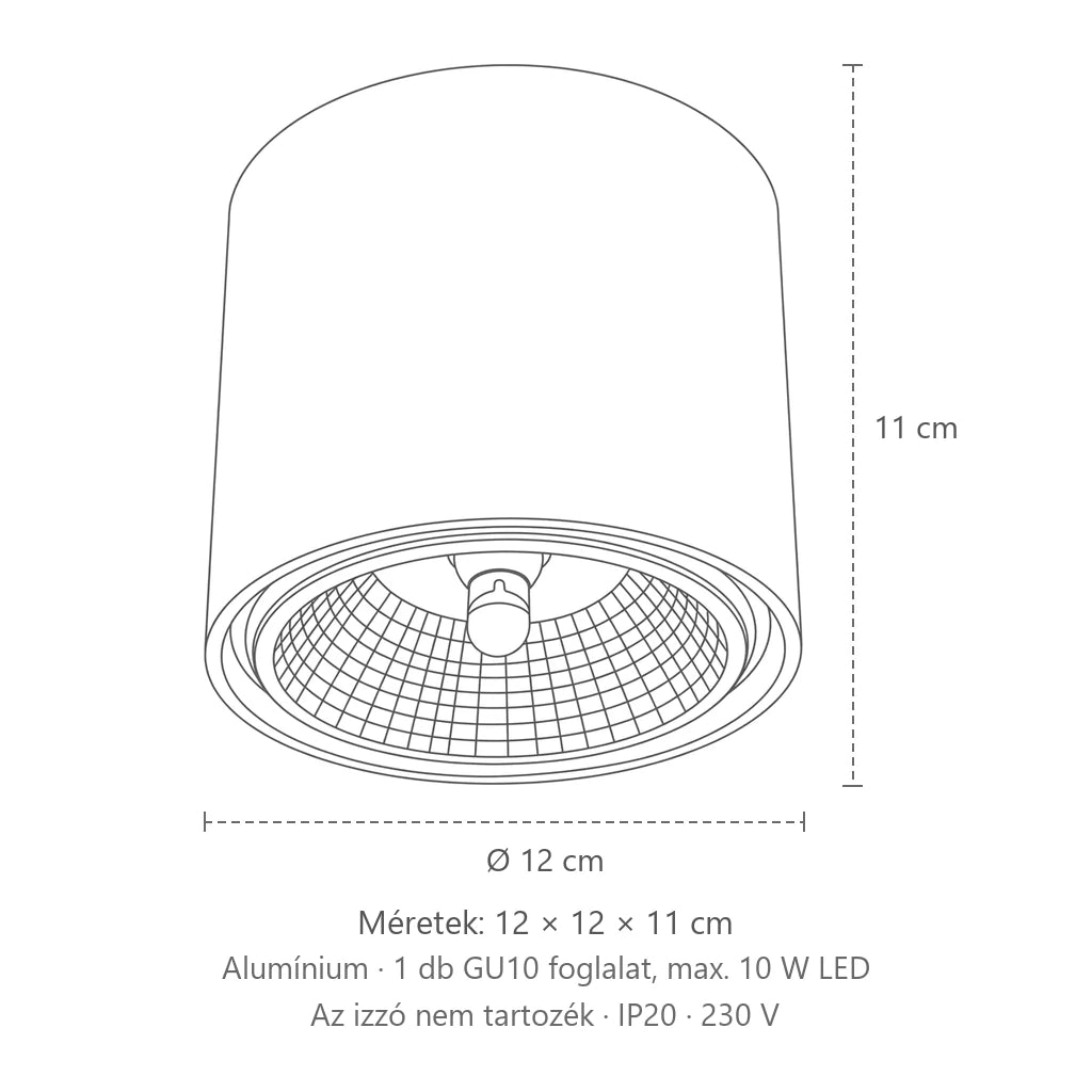 Széles henger mennyezeti spotlámpa ø 12 cm méretei: 12 × 12 × 11 cm