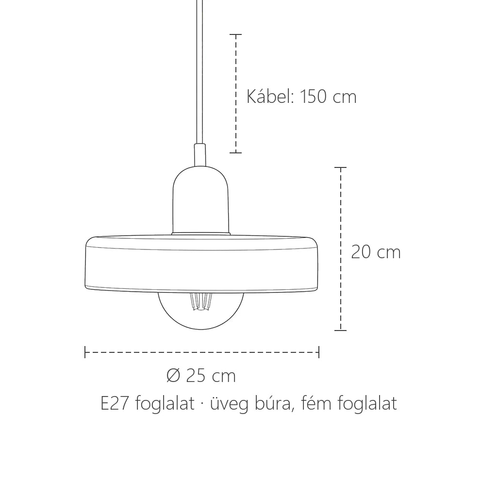Színes üveg függő lámpa méretei: Ø 25 cm, 20 cm magas, 150 cm kábel