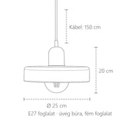 Színes üveg függő lámpa méretei: Ø 25 cm, 20 cm magas, 150 cm kábel