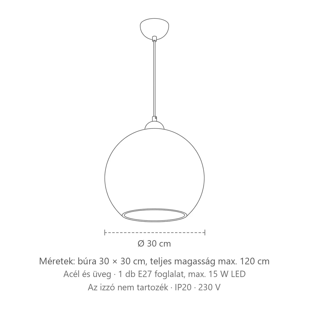 Színes üveg gömb függőlámpa ø 30 cm méretei: búra 30 × 30 cm, teljes magasság max. 120 cm