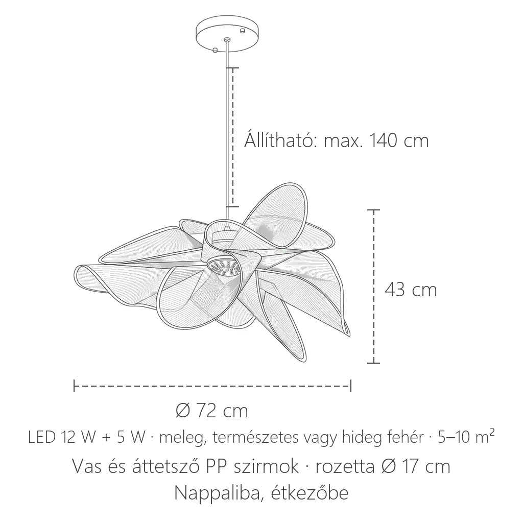 Szirmos design lámpa méretei: Ø 72 cm, 43 cm magas, max. 140 cm