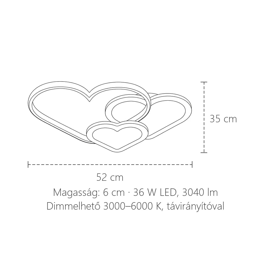 Szív LED mennyezeti lámpa méretei: 52 × 35 cm, 6 cm magas