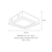 Szögletes beton és üveg mennyezeti lámpa méretei: 33 × 33 × 8 cm