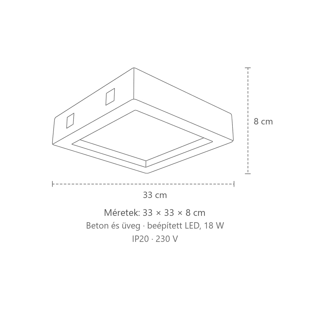 Szögletes beton és üveg mennyezeti lámpa méretei: 33 × 33 × 8 cm