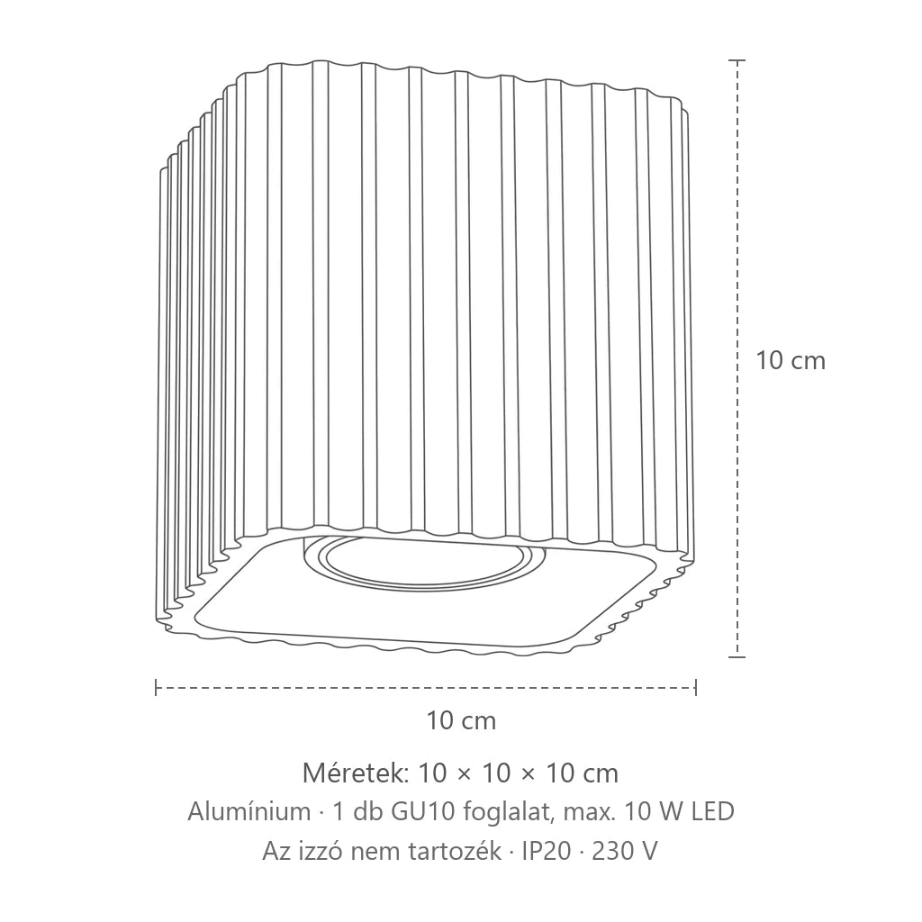 Szögletes bordázott mennyezeti spotlámpa méretei (1 spot – GU10): 10 × 10 × 10 cm
