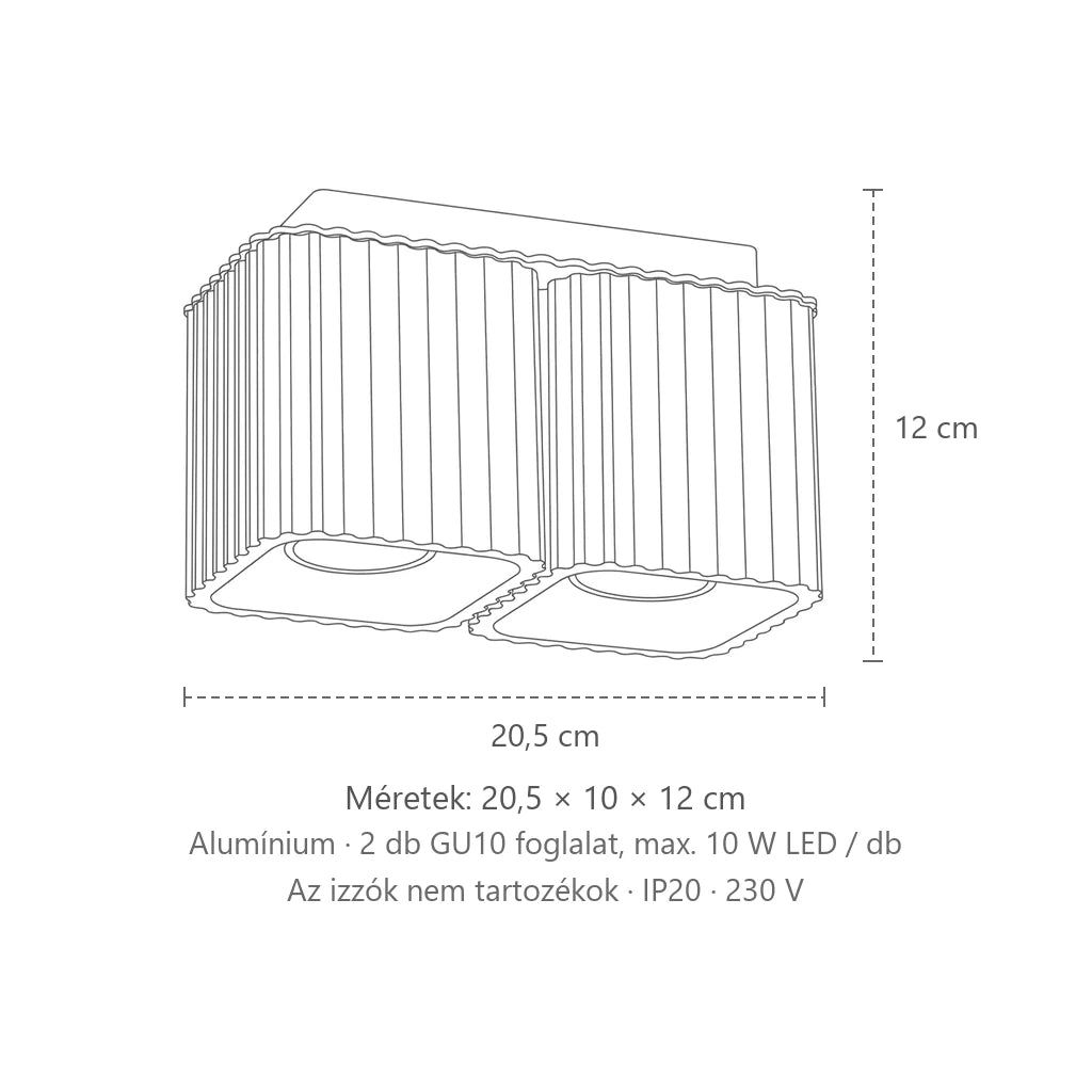 Szögletes bordázott mennyezeti spotlámpa méretei (2 spot – GU10): 20,5 × 10 × 12 cm