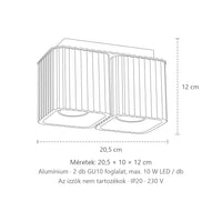 Szögletes bordázott mennyezeti spotlámpa méretei (2 spot – GU10): 20,5 × 10 × 12 cm
