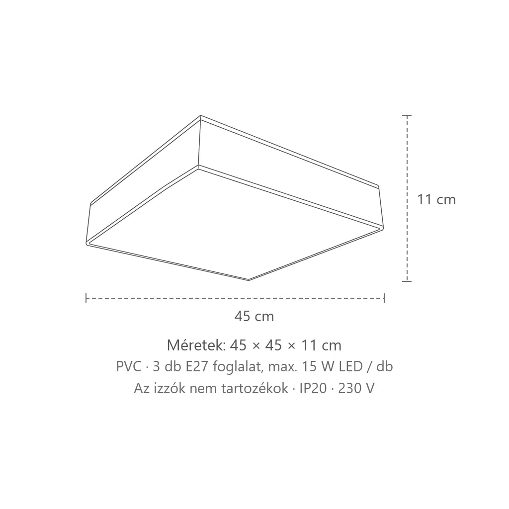 Szögletes mennyezeti lámpa fehér vagy fekete méretei (45 × 45 cm): 45 × 45 × 11 cm