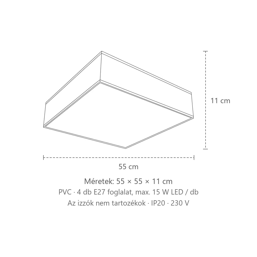 Szögletes mennyezeti lámpa fehér vagy fekete méretei (55 × 55 cm): 55 × 55 × 11 cm