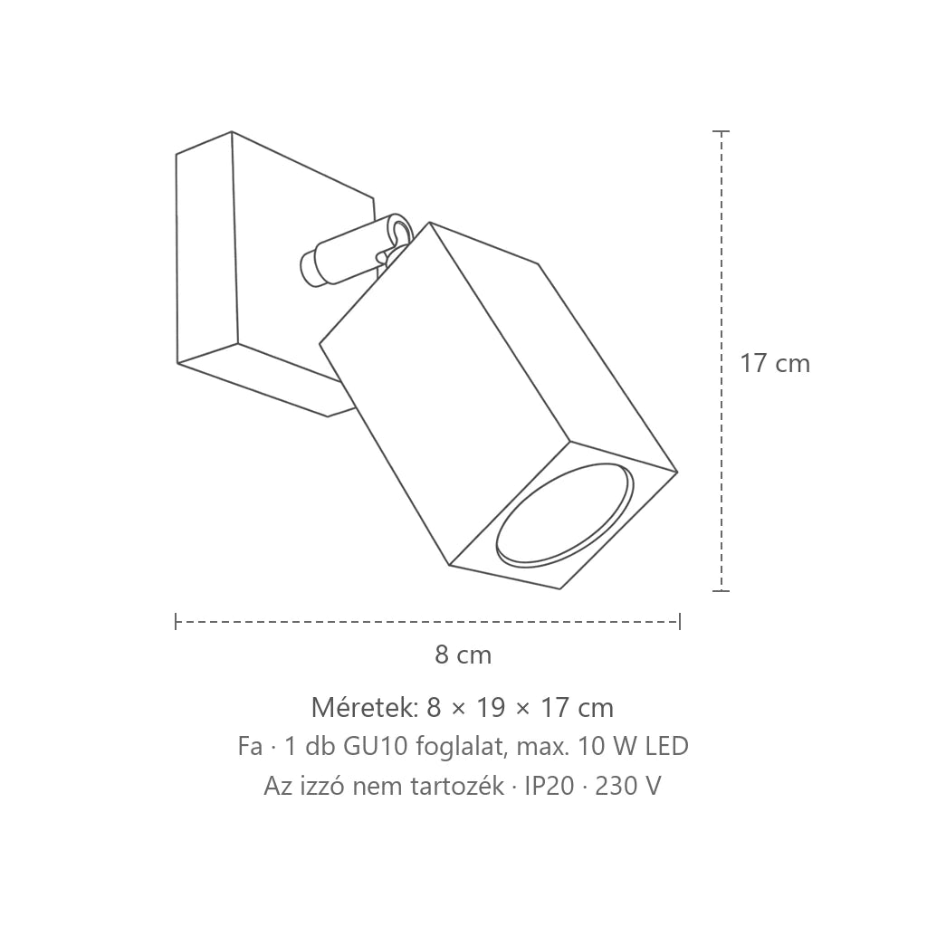 Szögletes tölgyfa spot fali lámpa méretei: 8 × 19 × 17 cm