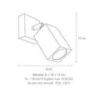 Szögletes tölgyfa spot fali lámpa méretei: 8 × 19 × 17 cm