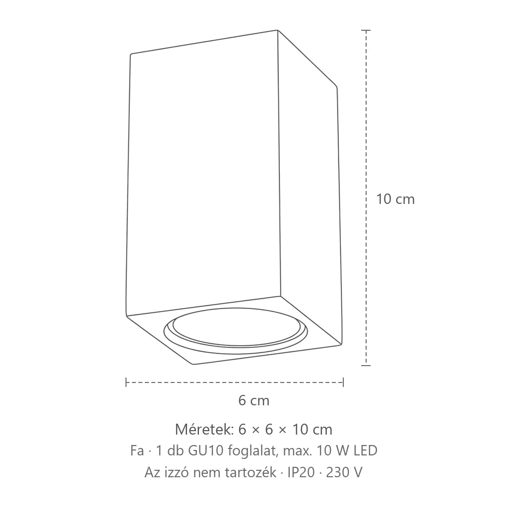 Szögletes tölgyfa spotos mennyezeti lámpa méretei (1 izzós – 10 cm magas): 6 × 6 × 10 cm