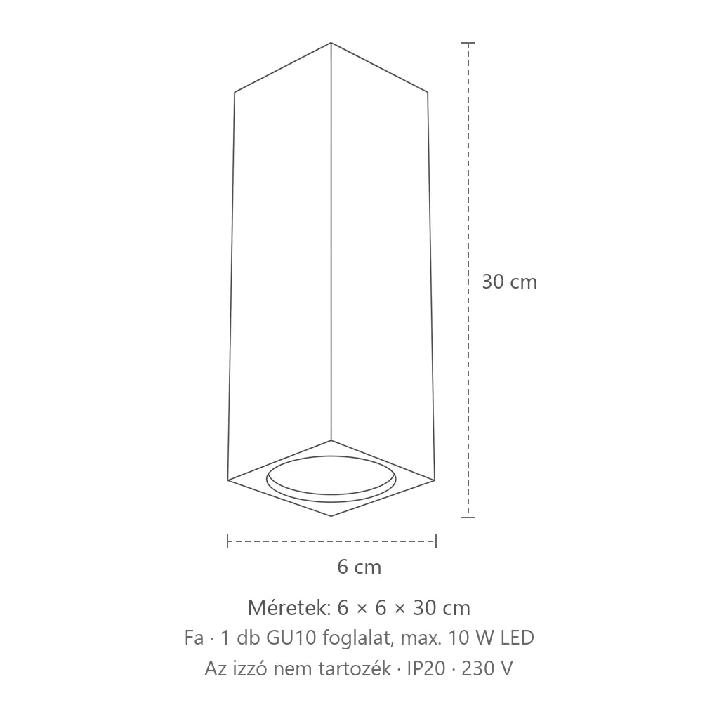 Szögletes tölgyfa spotos mennyezeti lámpa méretei (1 izzós – 30 cm magas): 6 × 6 × 30 cm