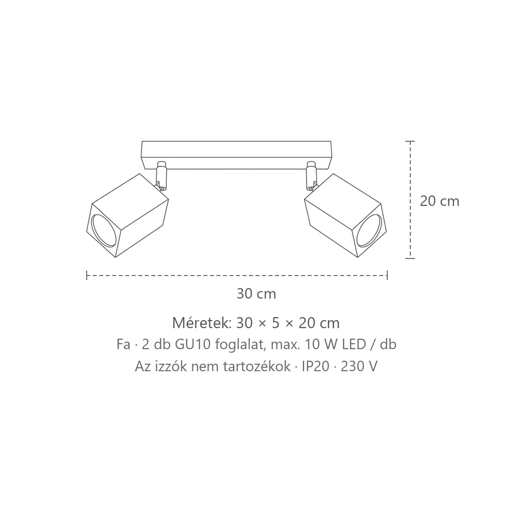 Szögletes tölgyfa spotos mennyezeti lámpa méretei (2 izzós – 30 cm): 30 × 5 × 20 cm