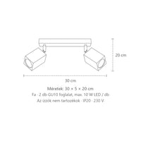 Szögletes tölgyfa spotos mennyezeti lámpa méretei (2 izzós – 30 cm): 30 × 5 × 20 cm