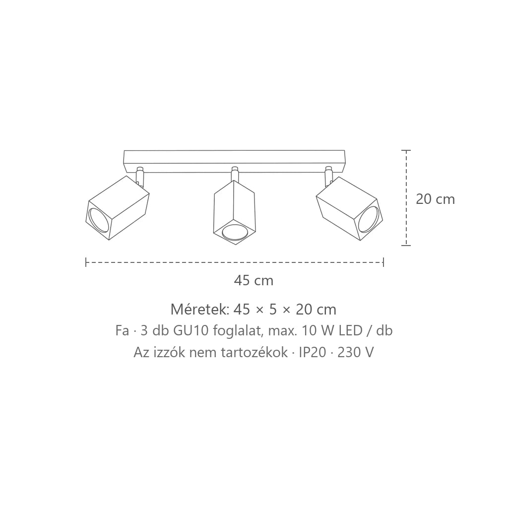 Szögletes tölgyfa spotos mennyezeti lámpa méretei (3 izzós – 45 cm): 45 × 5 × 20 cm