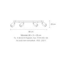 Szögletes tölgyfa spotos mennyezeti lámpa méretei (4 izzós – 80 cm): 80 × 5 × 20 cm