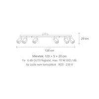 Szögletes tölgyfa spotos mennyezeti lámpa méretei (6 izzós – 120 cm): 120 × 5 × 20 cm