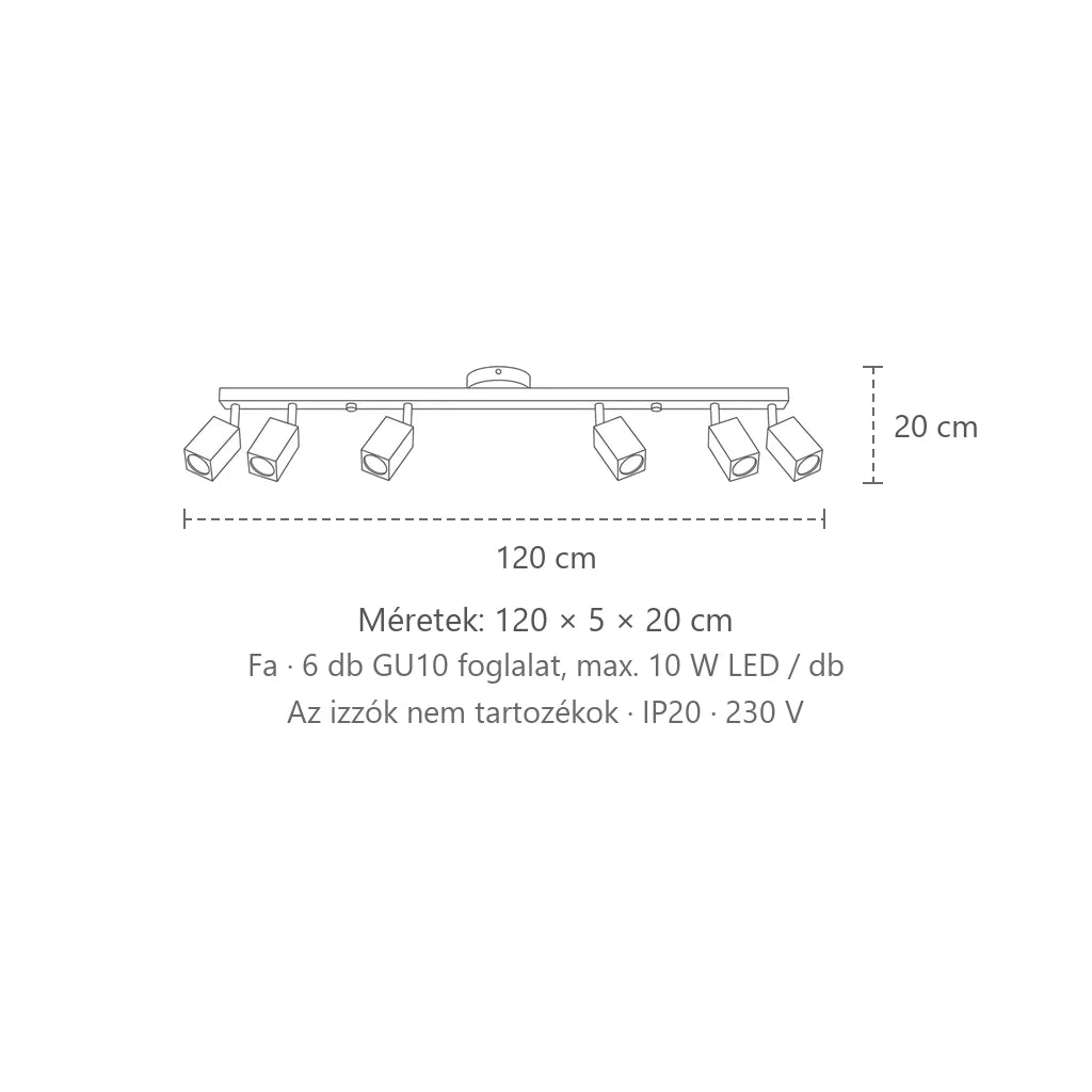Szögletes tölgyfa spotos mennyezeti lámpa méretei (6 izzós – 120 cm): 120 × 5 × 20 cm