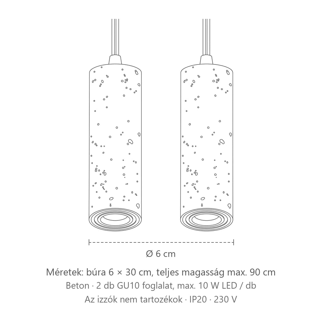 Szürke beton cső függőlámpa méretei (2 izzós – 30 cm-es sín): búra 6 × 30 cm, teljes magasság max. 90 cm