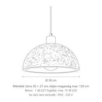 Szürke beton kupola függőlámpa méretei: búra 30 × 21 cm, teljes magasság max. 120 cm