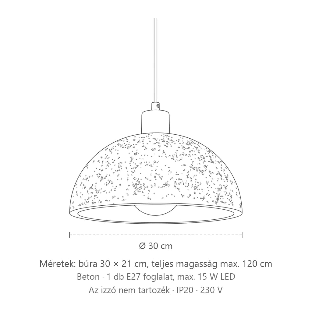 Szürke beton kupola függőlámpa méretei: búra 30 × 21 cm, teljes magasság max. 120 cm