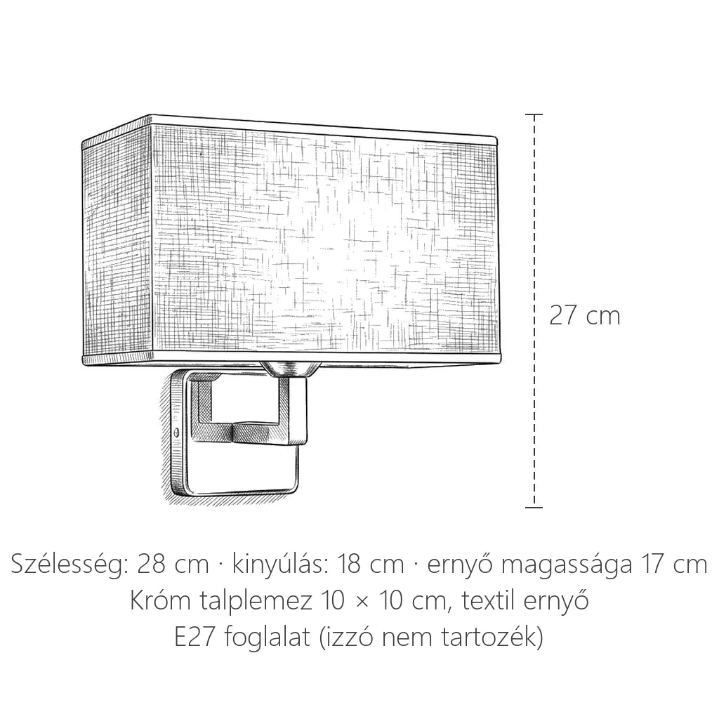 A téglalap ernyős fali lámpa méretei: 28 × 27 cm, kinyúlás 18 cm