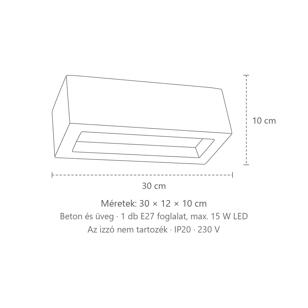 Téglalap alakú kerámia vagy beton fali lámpa méretei (30 cm – beton): 30 × 12 × 10 cm