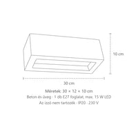 Téglalap alakú kerámia vagy beton fali lámpa méretei (30 cm – beton): 30 × 12 × 10 cm