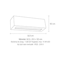 Téglalap alakú kerámia vagy beton fali lámpa méretei (32,5 cm – kerámia): 32,5 × 9,5 × 9,5 cm