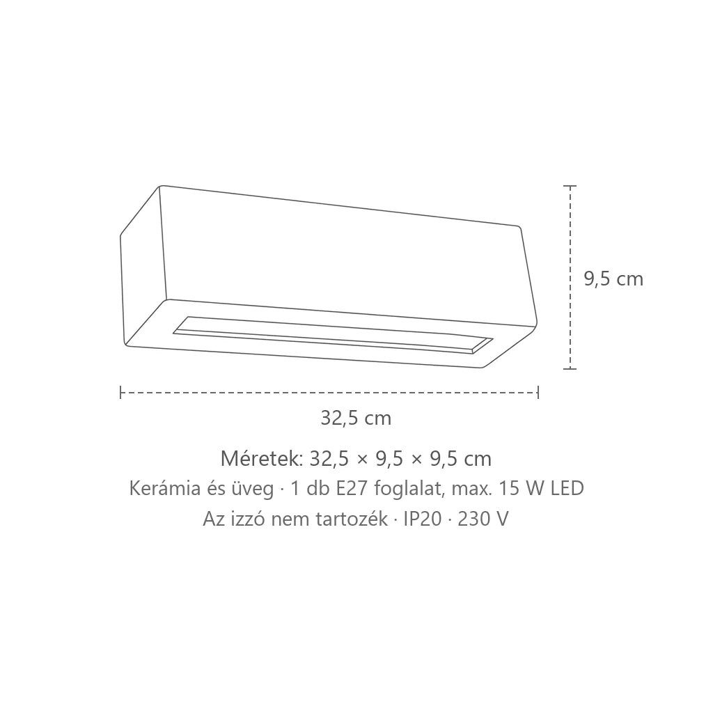 Téglalap alakú kerámia vagy beton fali lámpa méretei (32,5 cm – kerámia): 32,5 × 9,5 × 9,5 cm