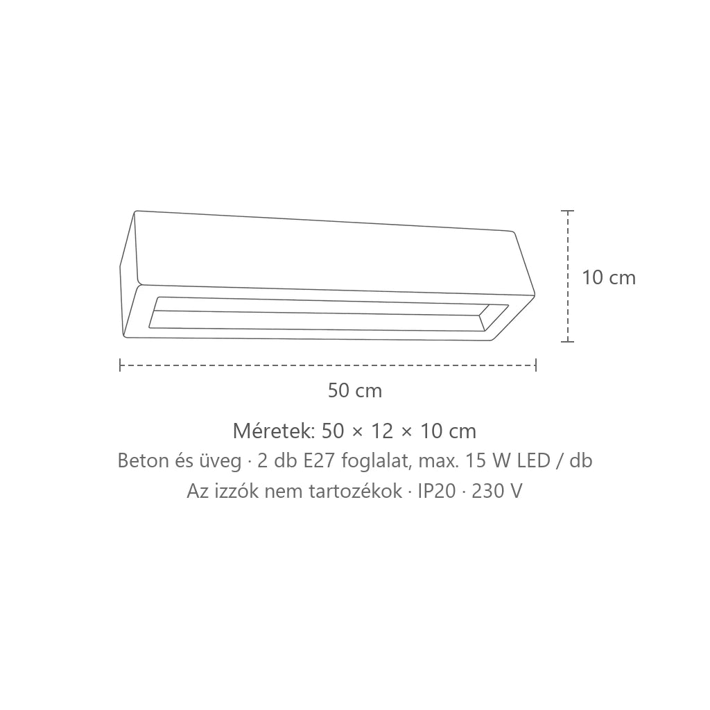 Téglalap alakú kerámia vagy beton fali lámpa méretei (50 cm – beton): 50 × 12 × 10 cm