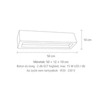 Téglalap alakú kerámia vagy beton fali lámpa méretei (50 cm – beton): 50 × 12 × 10 cm