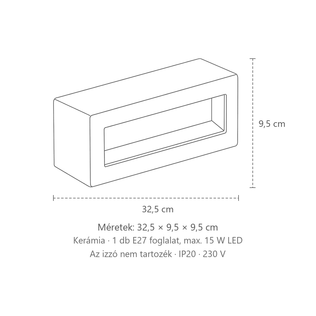 Téglalap alakú kerámia fali lámpa fénycsíkkal méretei: 32,5 × 9,5 × 9,5 cm