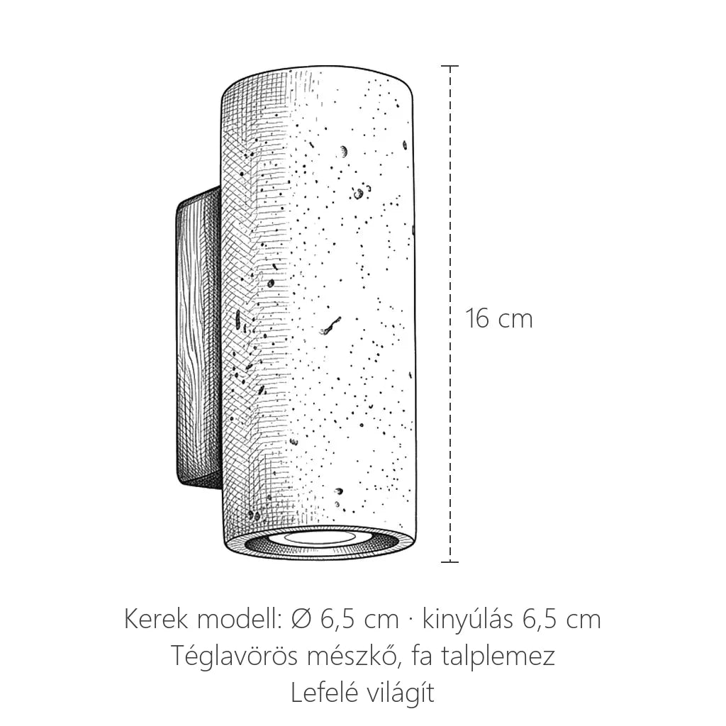 Kerek téglavörös mészkő fali lámpa méretei: Ø 6,5 cm, 16 cm magas