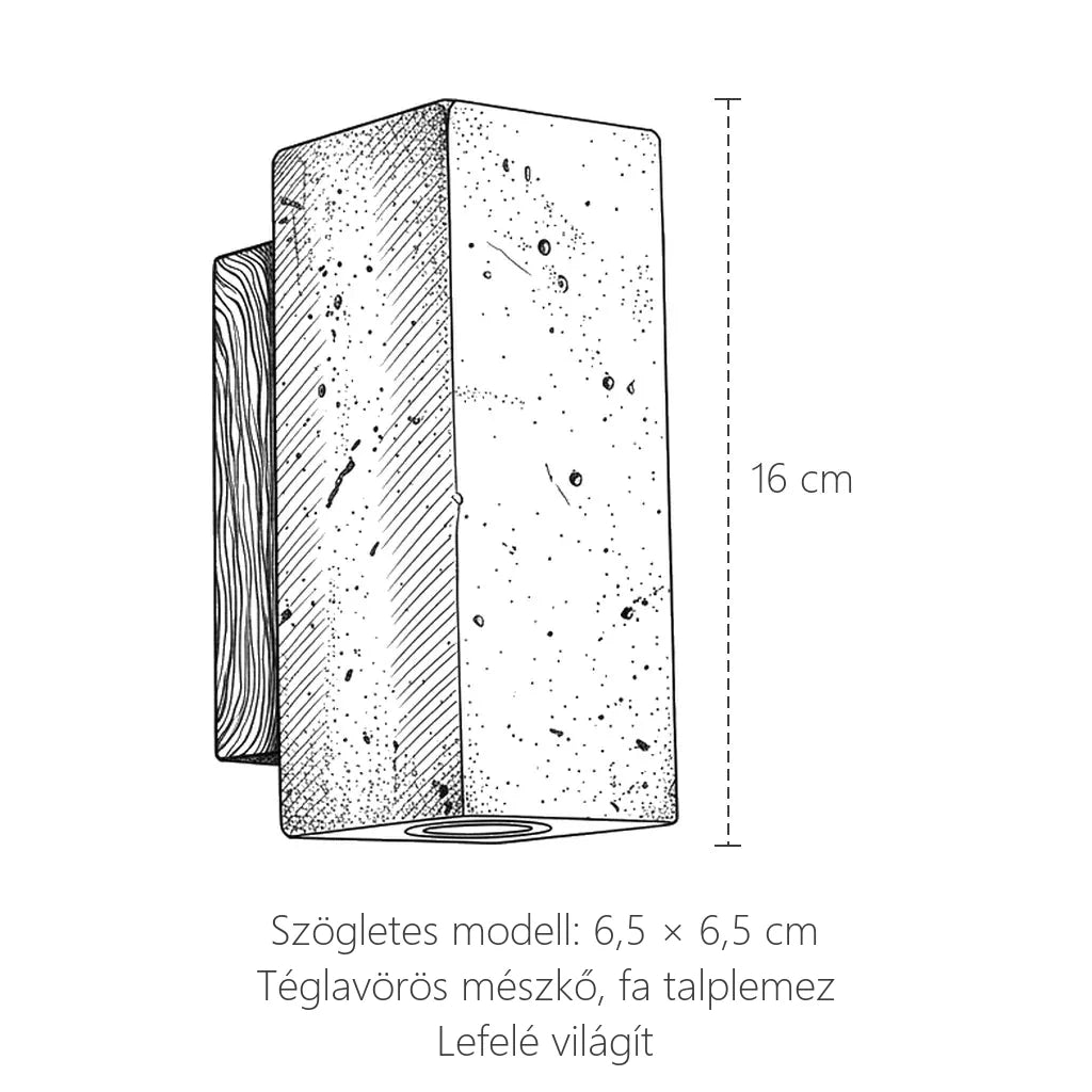 Szögletes téglavörös mészkő fali lámpa méretei: 6,5 × 6,5 cm, 16 cm magas