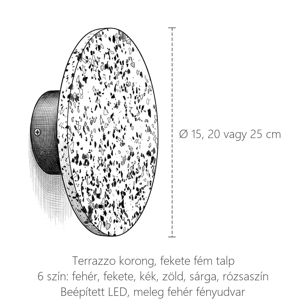 Terrazzo korong LED fali lámpa méretei: Ø 15, 20 vagy 25 cm