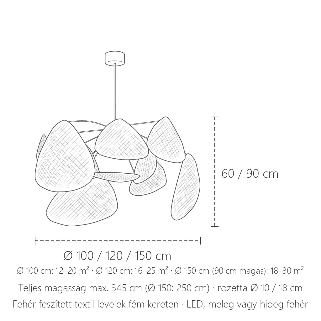 Textil levél csillár méretei: Ø 100 / 120 / 150 cm